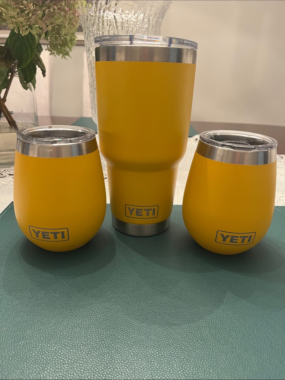 Yeti Bright Yellow Insulated Tumbler and Two Wine Tumblers